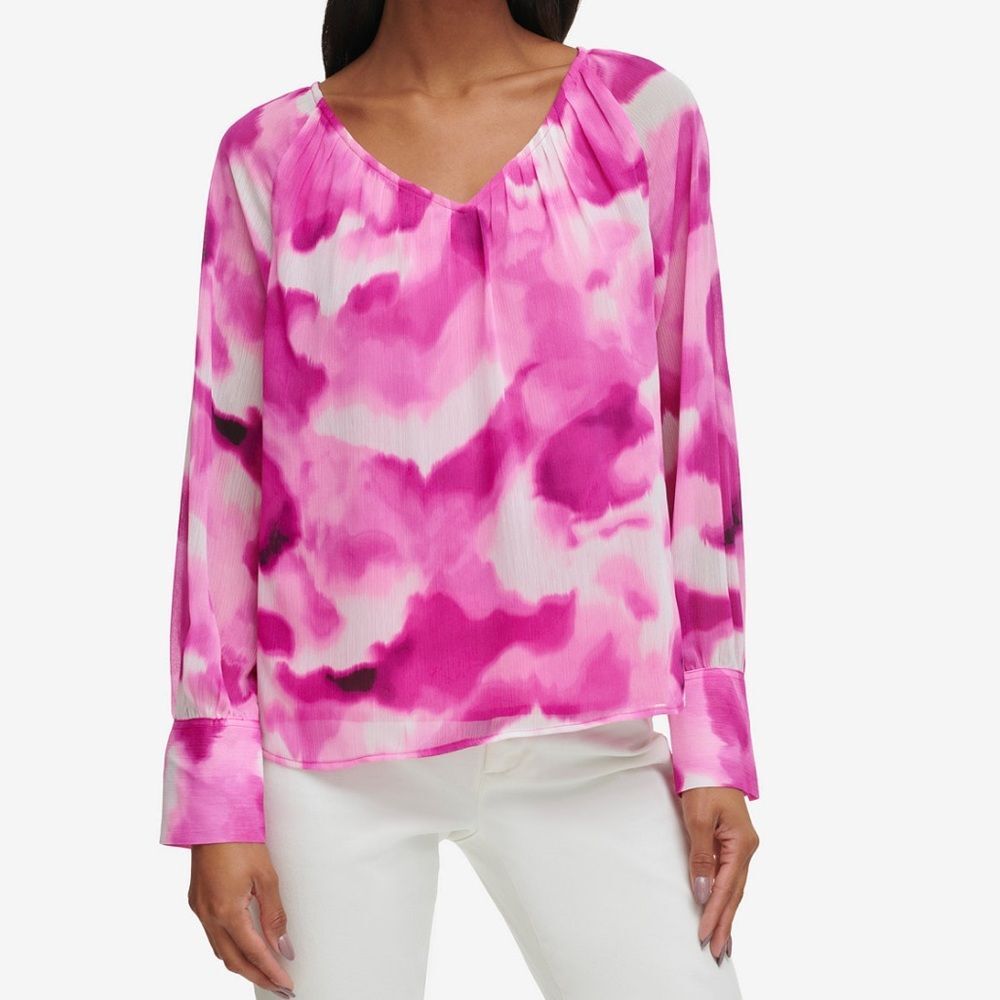New Calvin Klein Women's Long Sleeve Printed V-Neck Blouse Size Large